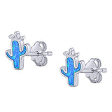 Cactus Stud Earring Created Blue Opal Solid 925 Sterling Silver (9.9mm)