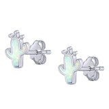 Cactus Stud Earring Created White Opal Solid 925 Sterling Silver (9.9mm)