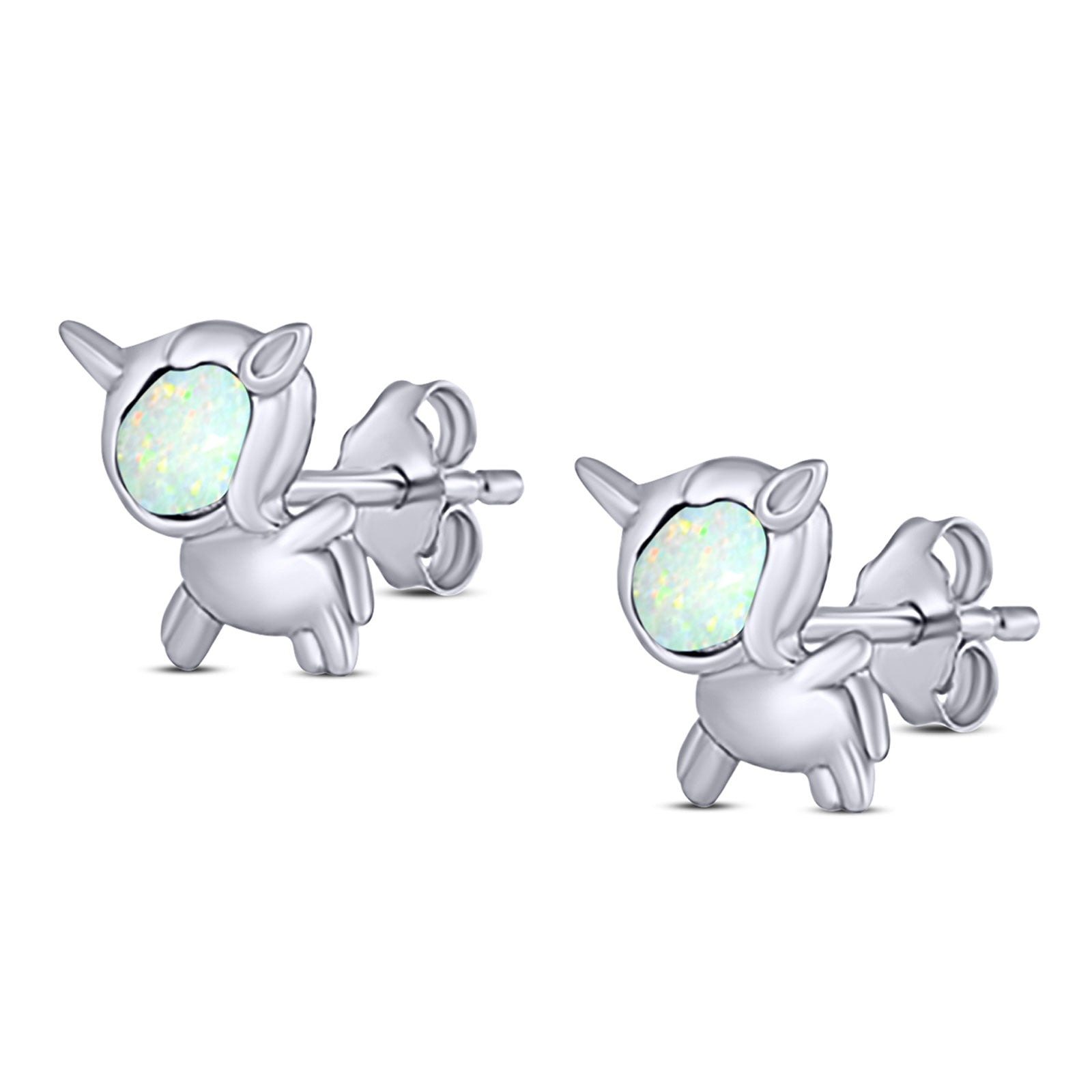 Unicorn Stud Earring Created White Opal Solid 925 Sterling Silver (9.8mm)