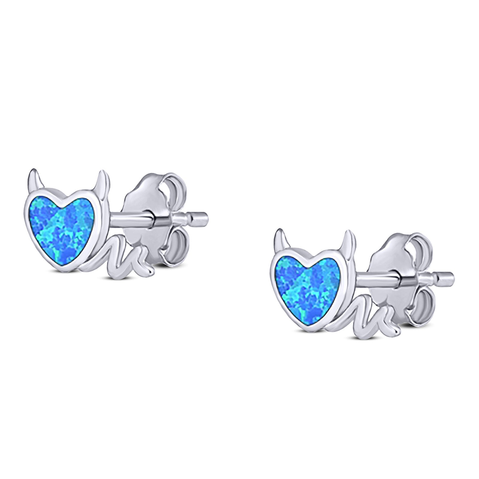 Heart Devil Stud Earring Created Blue Opal Solid 925 Sterling Silver (9.5mm)