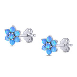 Art Deco Round Flower Design Stud Earring Created Blue Opal Solid 925 Sterling Silver (6.3mm)