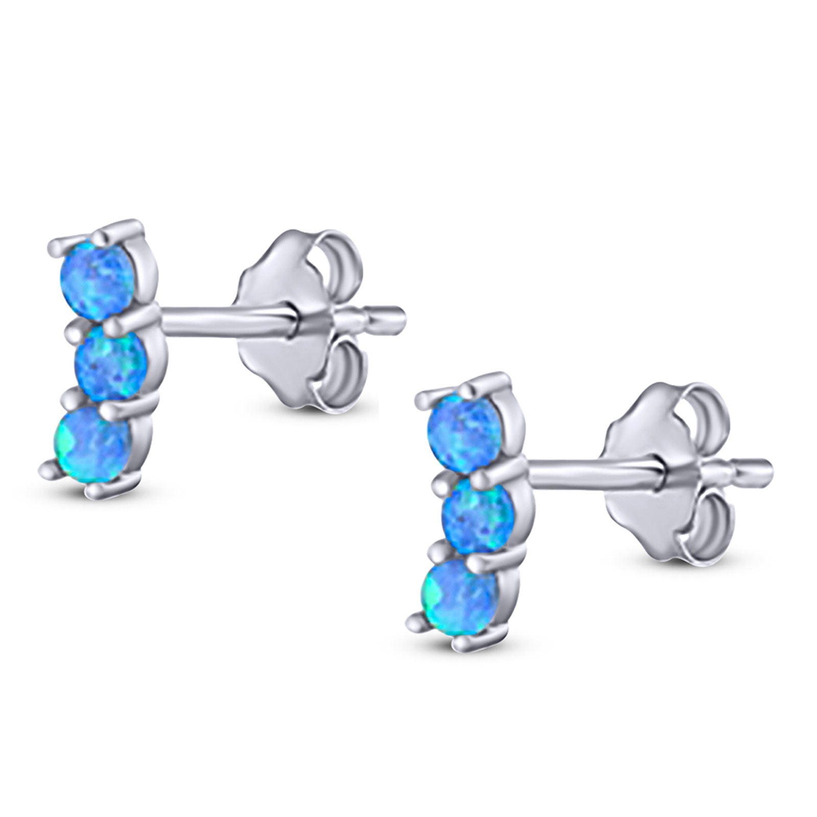 Art Deco Three Stone Style Stud Earring Round Created Blue Opal Solid 925 Sterling Silver (7mm)