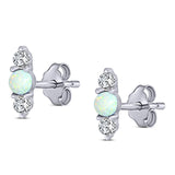 Art Deco Three Stone Stud Earring Simulated Cubic Zirconia Created White Opal Solid 925 Sterling Silver (9mm)