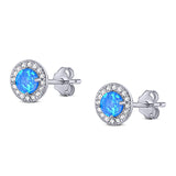 Halo Art Deco Stud Earring Round Simulated Cubic Zirconia Created Blue Opal Solid 925 Sterling Silver (8.2mm)