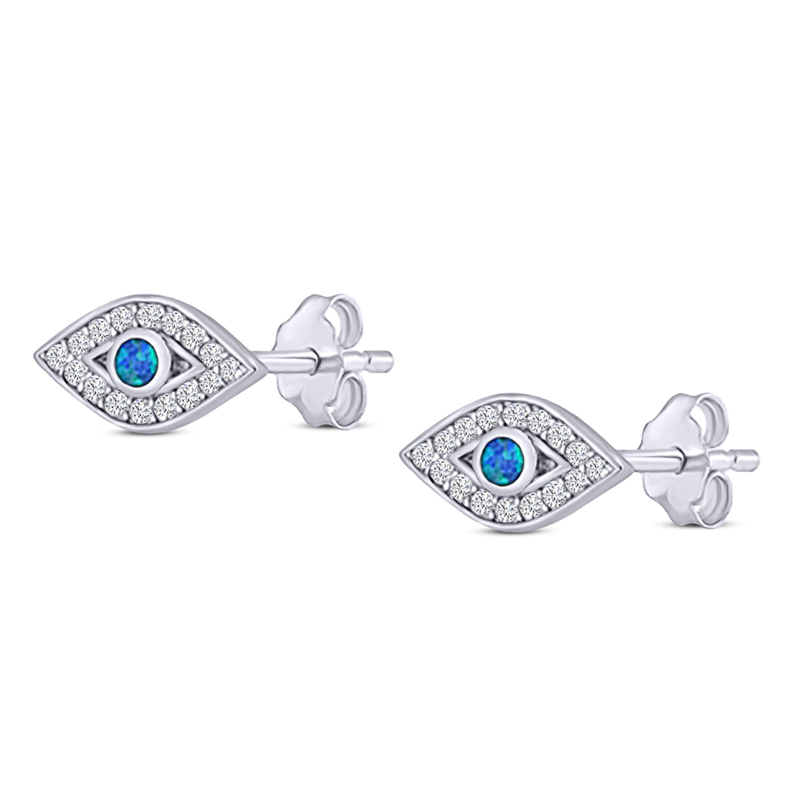 Halo Eye Stud Earring Simulated Cubic Zirconia Created Blue Opal Solid 925 Sterling Silver (5.8mm)