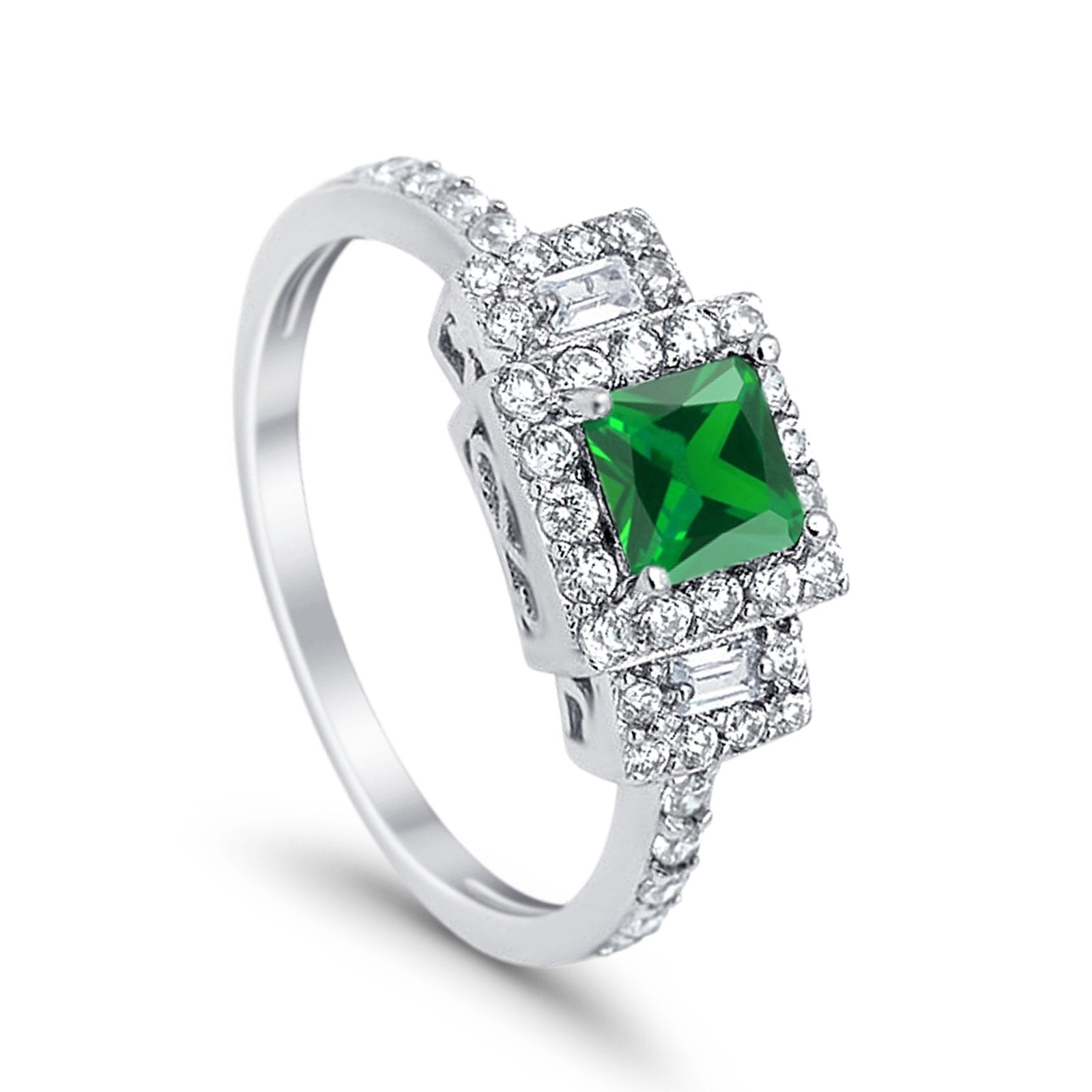 Halo Wedding Ring Baguette Simulated Green Emerald CZ 925 Sterling Silver
