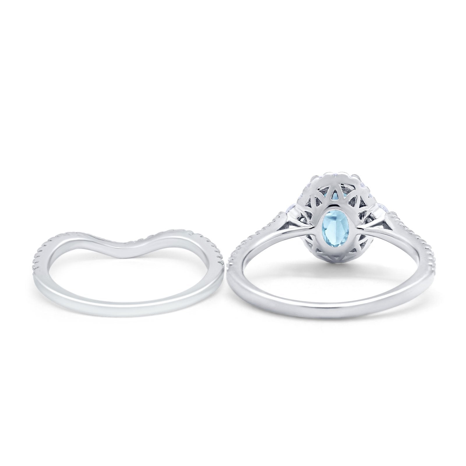 Oval Two Piece Halo Bridal Set Ring Simulated Aquamarine CZ 925 Sterling Silver