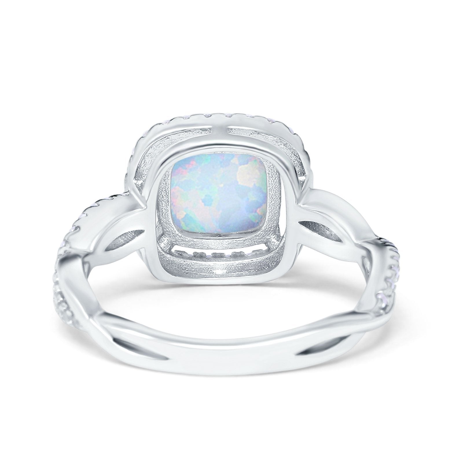 Infinity Shank Cushion Engagement Ring Lab Created White Opal 925 Sterling Silver