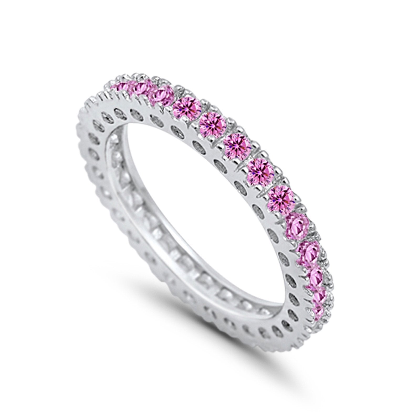 Eternity Wedding Band Rings Round Simulated Pink CZ 925 Sterling Silver