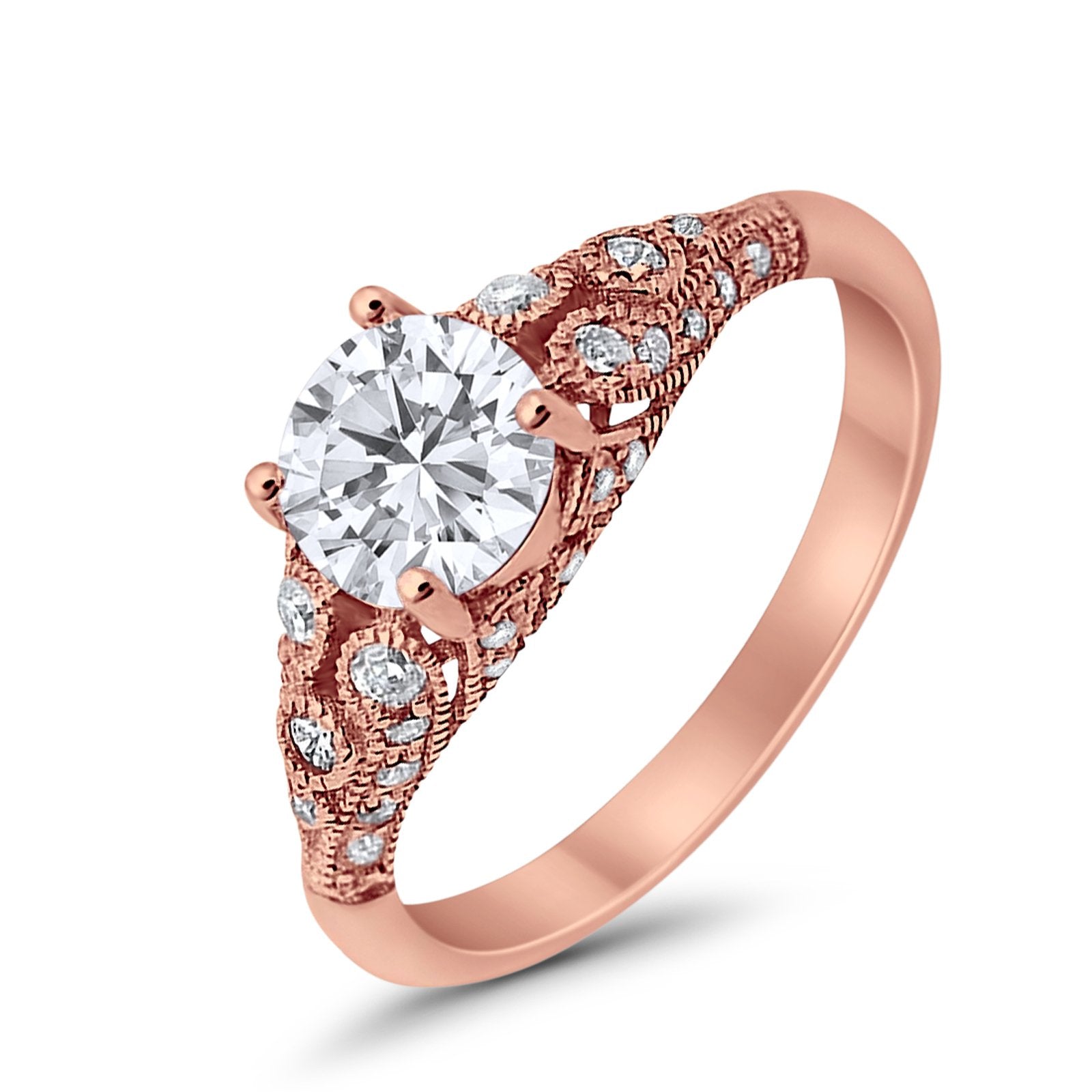 Vintage Style Engagement Ring Rose Tone,Simulated Cubic Zirconia 925 Sterling Silver