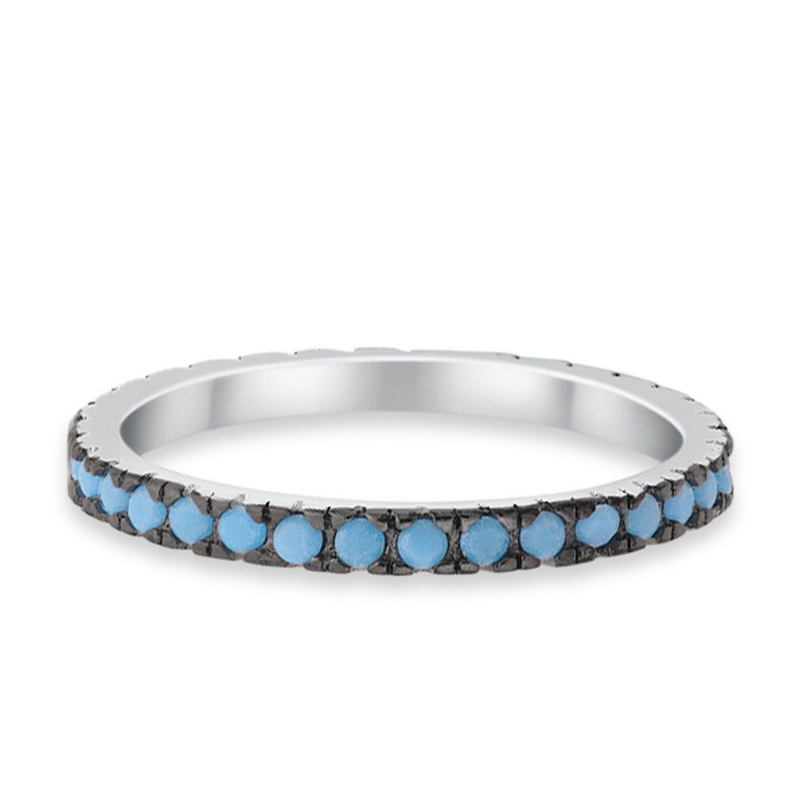 Full Eternity Stackable Wedding Rings Simulated Turquoise CZ 925 Sterling Silver