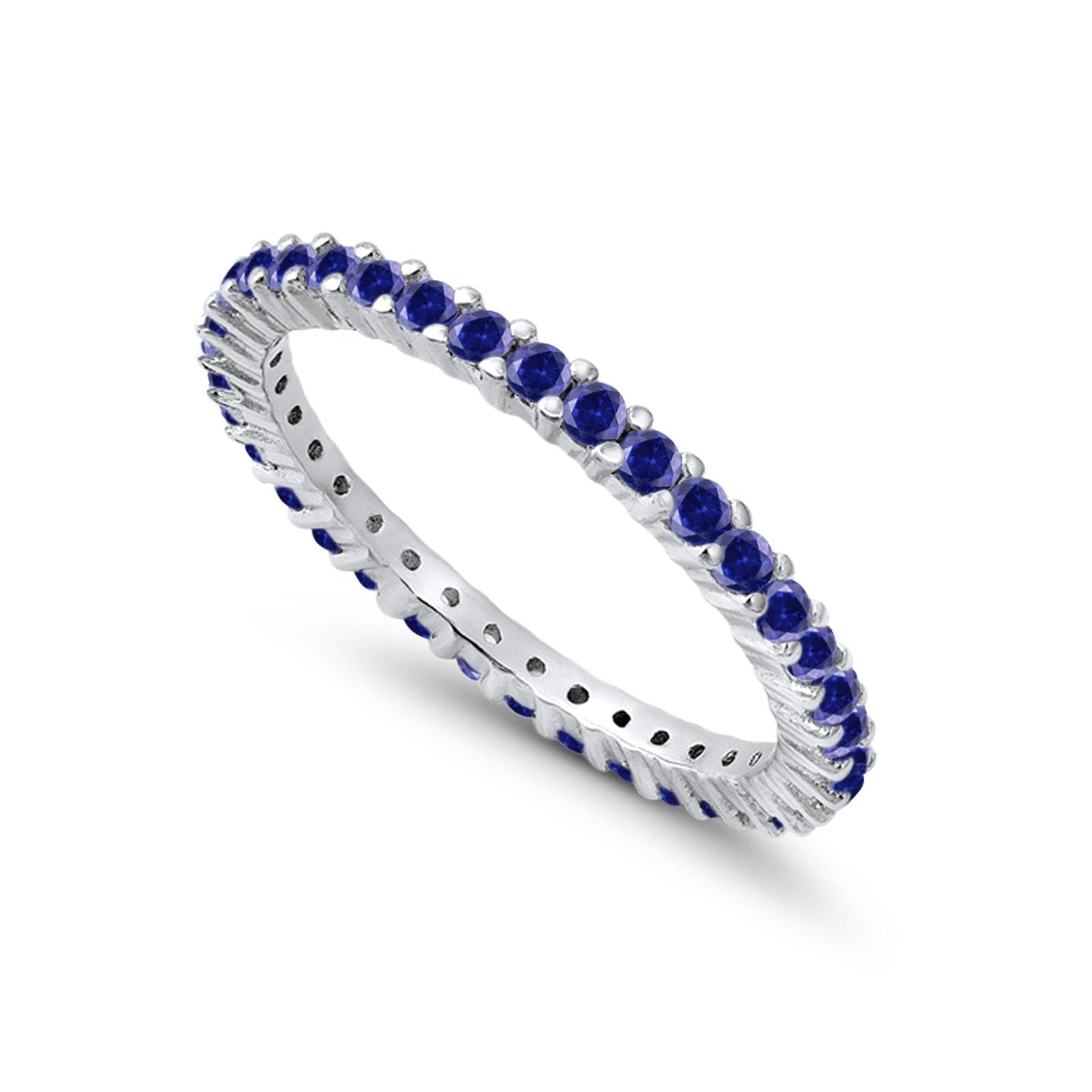 Full Eternity Wedding Band Round Simulated Blue Sapphire CZ Ring 925 Sterling Silver