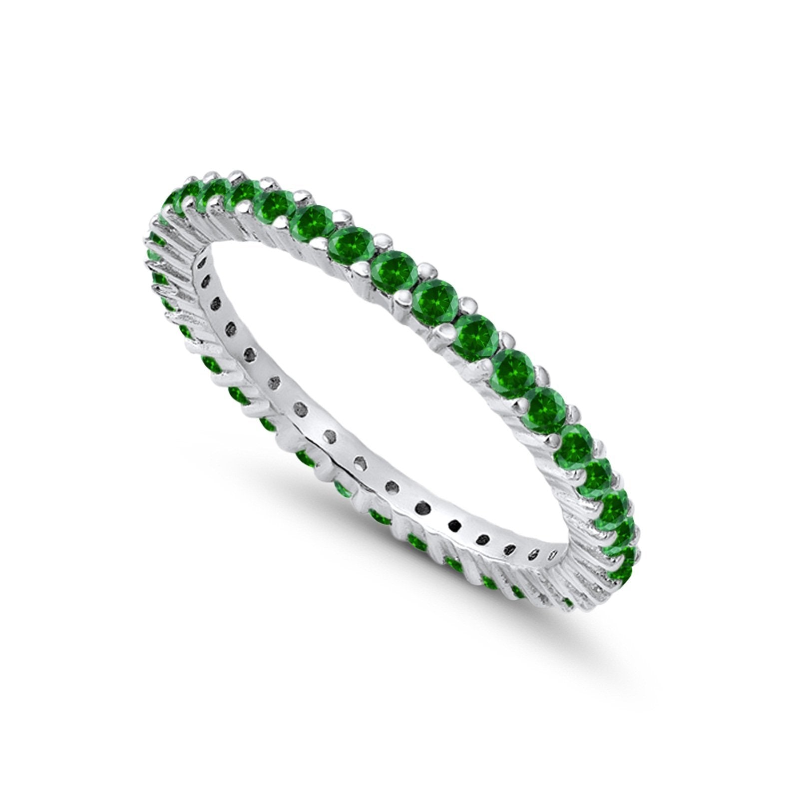 Full Eternity Wedding Band Round Simulated Green Emerald CZ Ring 925 Sterling Silver