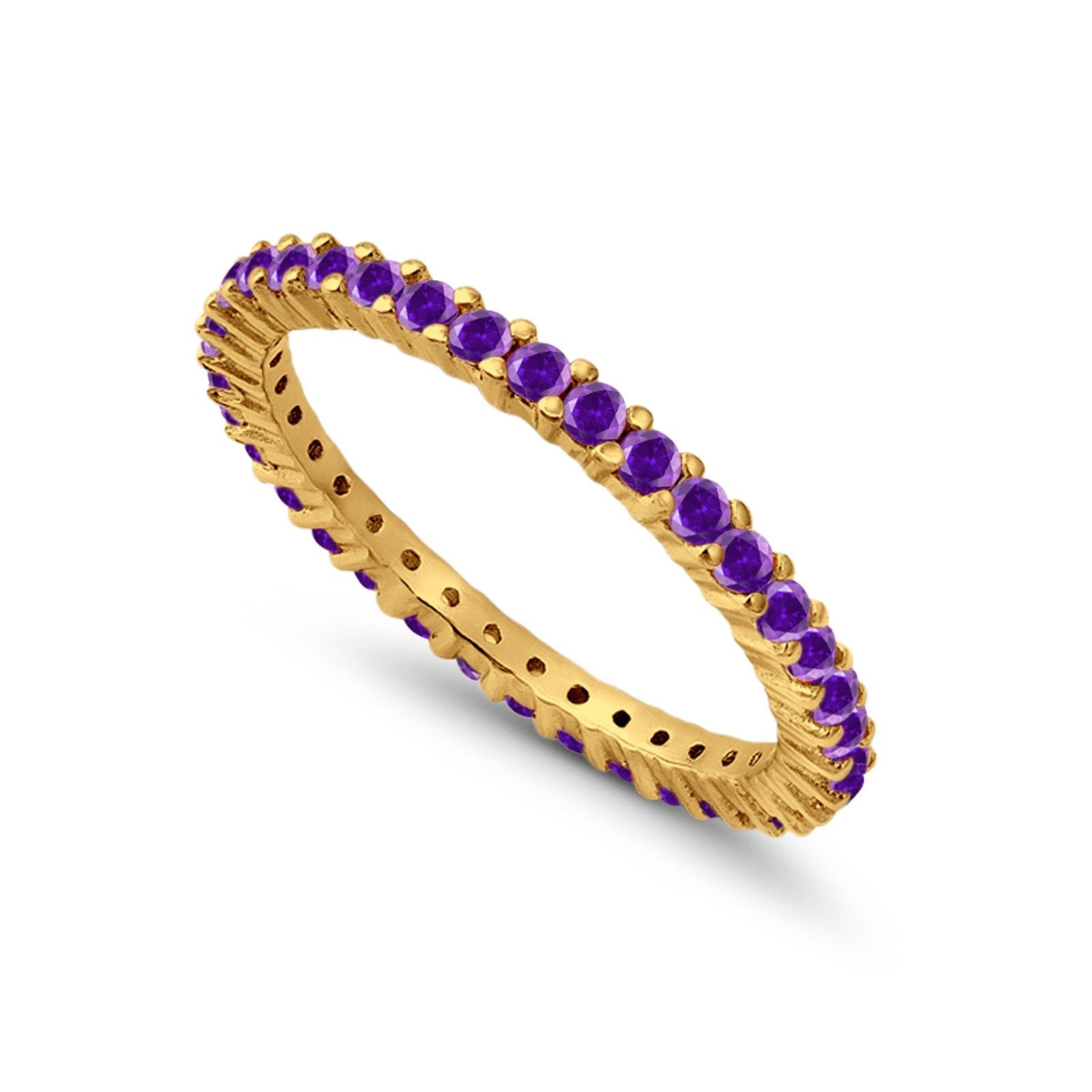 Full Eternity Wedding Band Round Yellow Tone, Simulated Amethyst CZ Ring 925 Sterling Silver