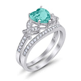 Heart Promise Two Piece Wedding Ring Simulated Paraiba Tourmaline CZ 925 Sterling Silver