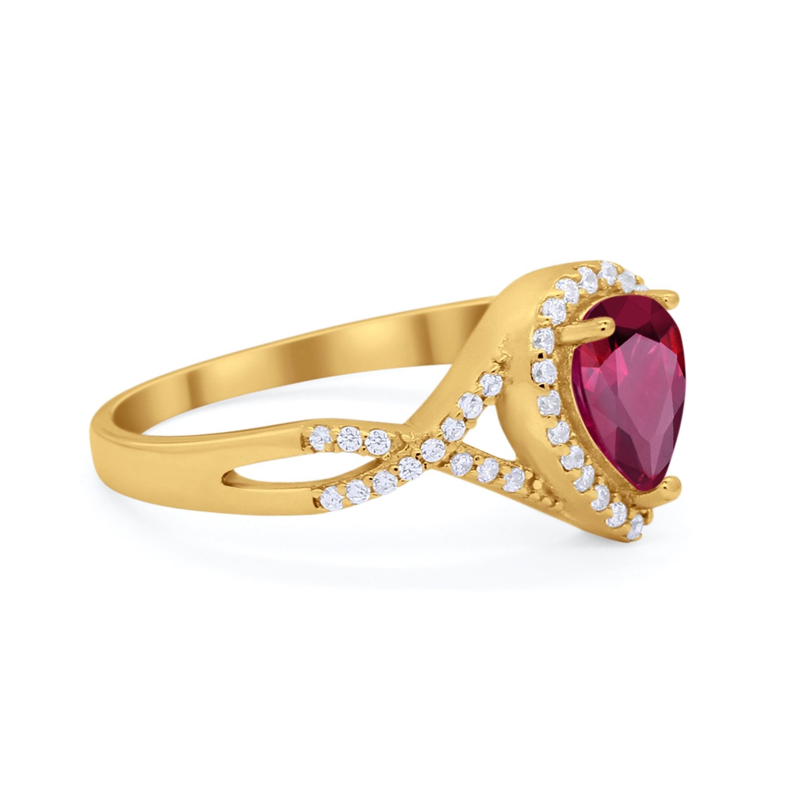 Teardrop Wedding Promise Ring Infinity Yellow Tone, Simulated Ruby CZ 925 Sterling Silver