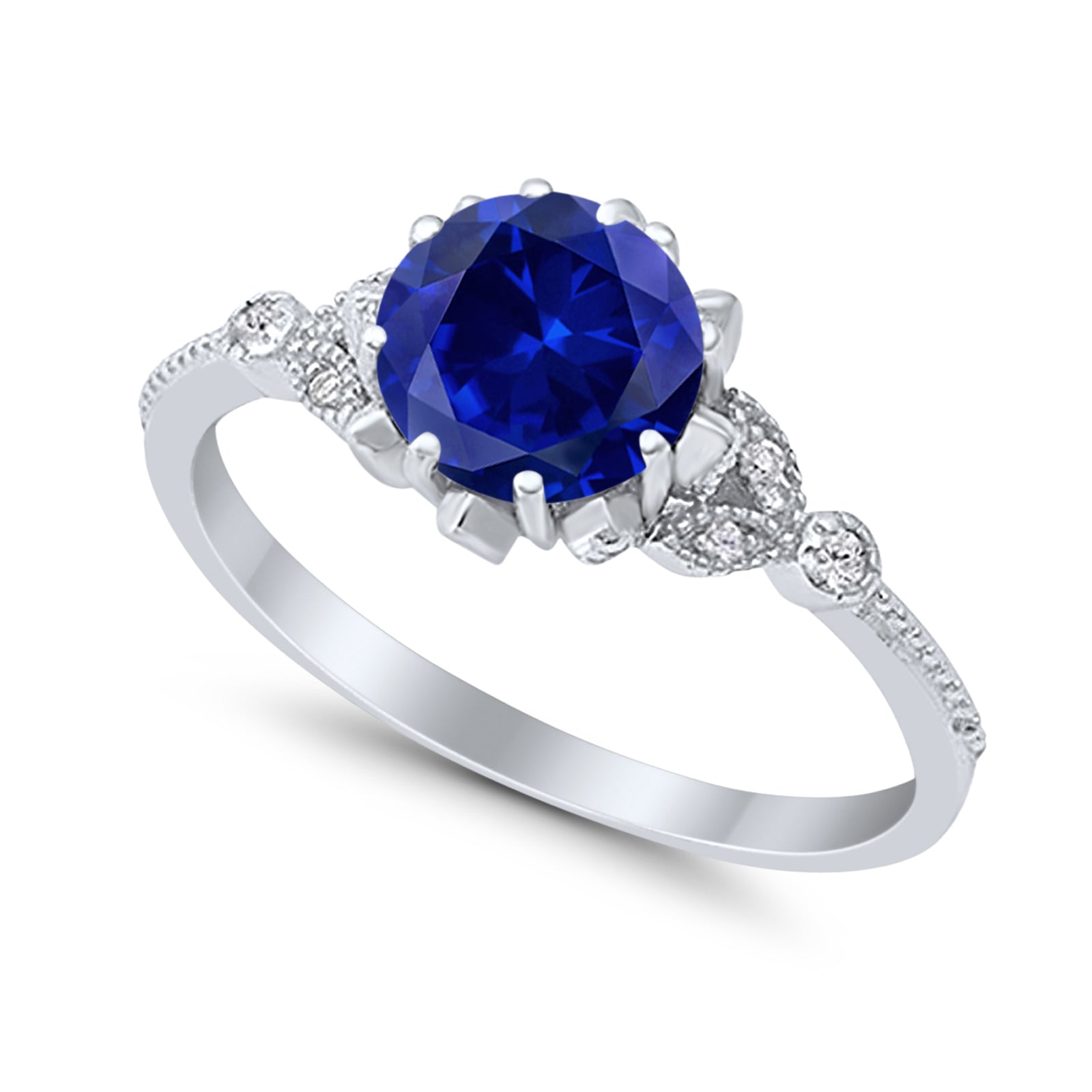 Art Deco Design Fashion Ring Round Simulated Blue Sapphire CZ 925 Sterling Silver