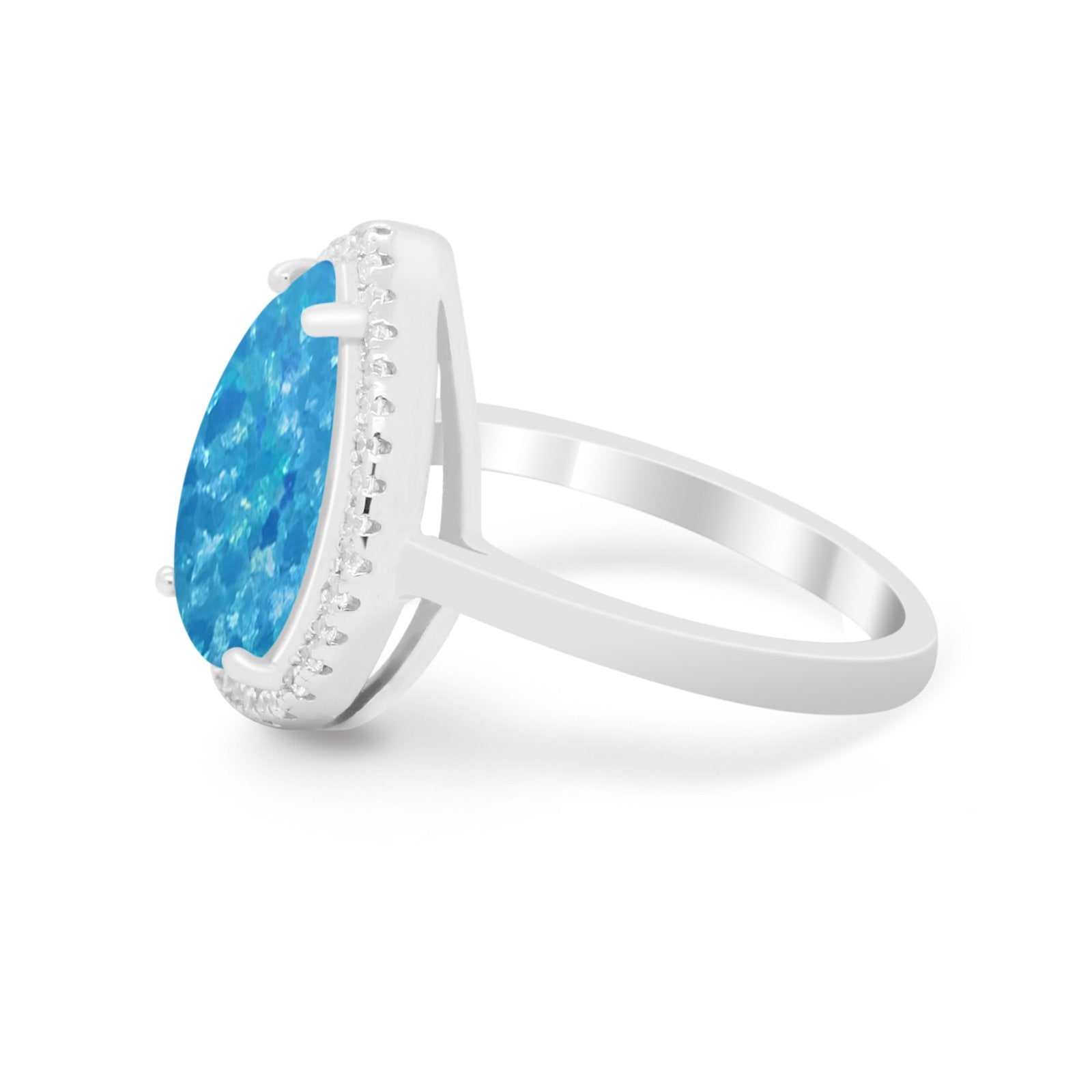 Halo Teardrop Wedding Ring Pear Round Lab Created Blue Opal 925 Sterling Silver