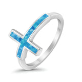 Sideways Cross Ring Rhodium Plated Band Lab Created Blue Opal 925 Sterling Silver (12mm)