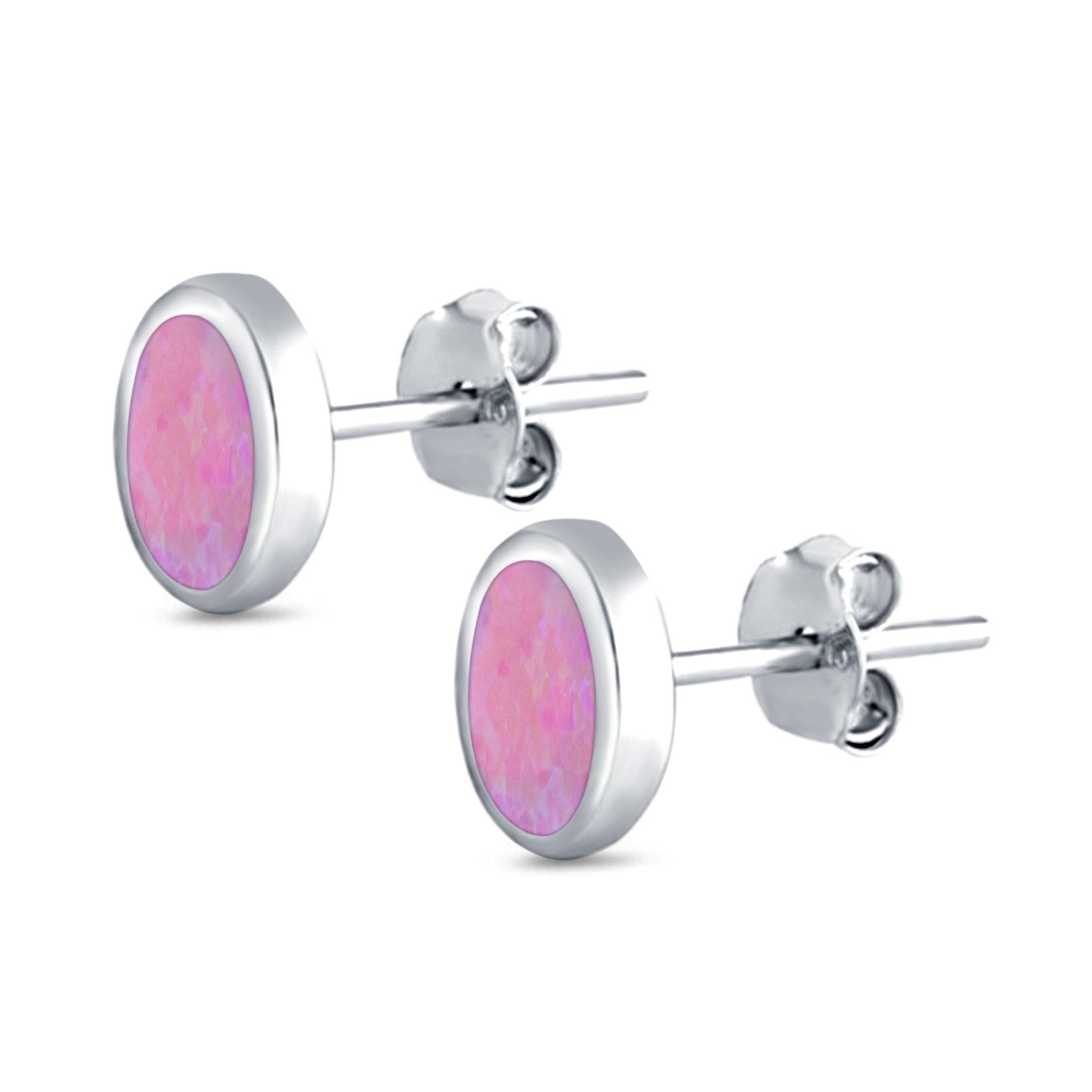 Solitaire Oval Stud Earrings Lab Created Pink Opal 925 Sterling Silver