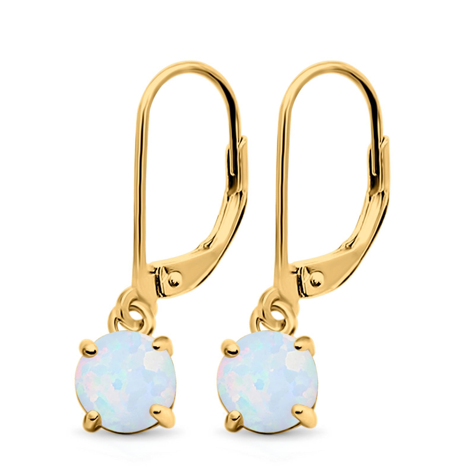 Round Yellow Tone, Lab Created White Opal Leverback Earrings 925 Sterling Silver (25.4mm)