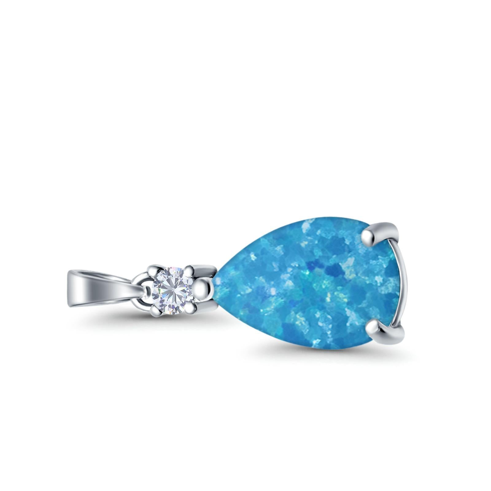 Pear Shape Lab Created Blue Opal Charm Pendant 925 Sterling Silver (21.5mm)