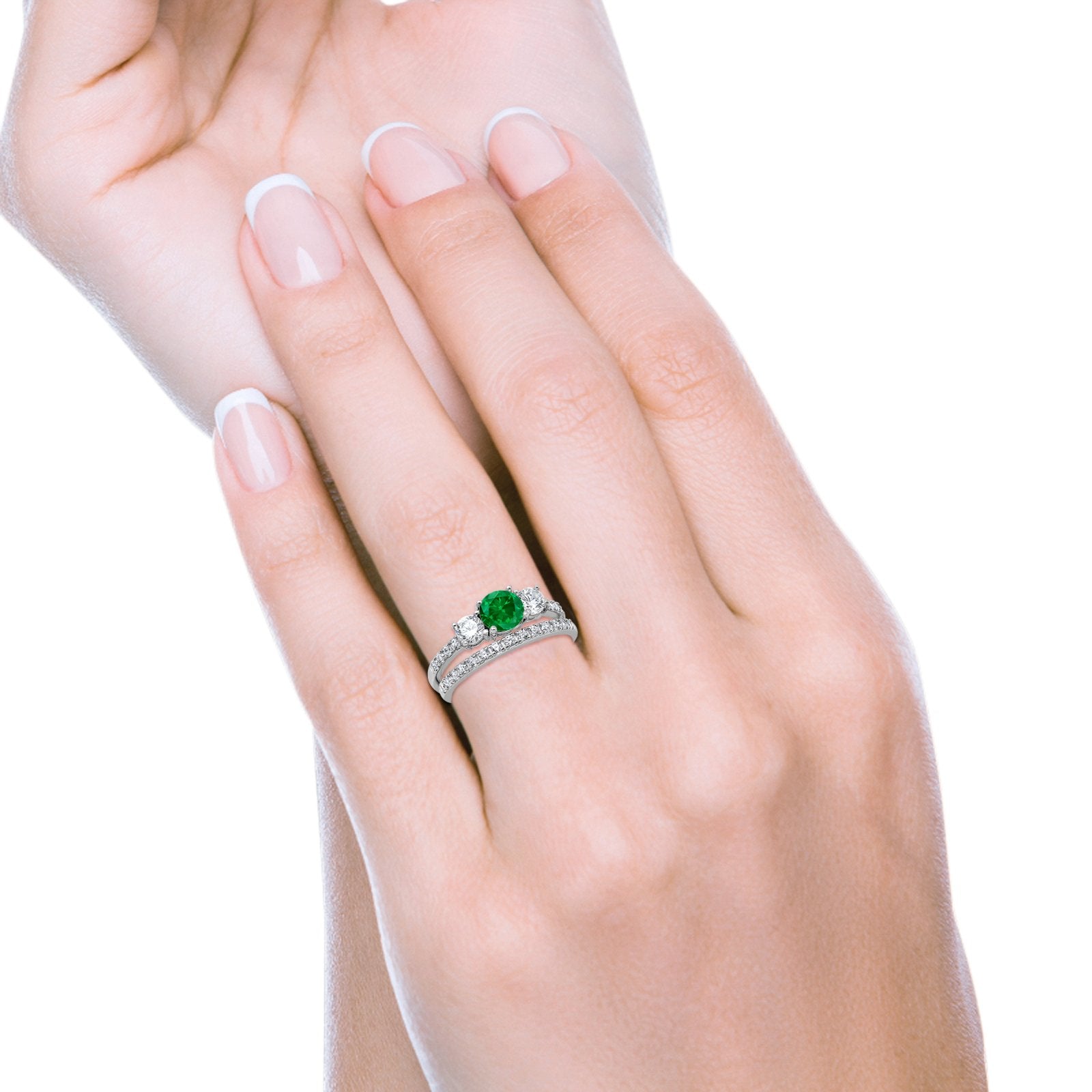 3-Stone Wedding Bridal Piece Ring Round Simulated Green Emerald CZ 925 Sterling Silver