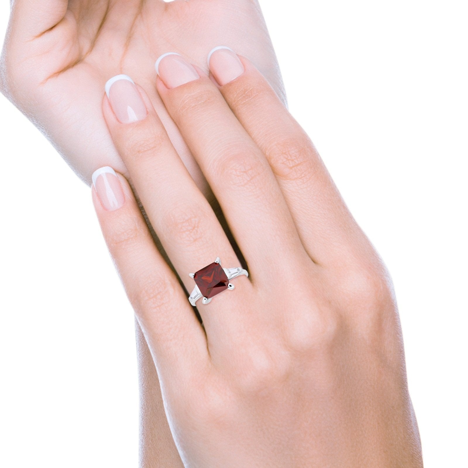Wedding Ring Princess Cut Baguette Simulated Garnet CZ 925 Sterling Silver