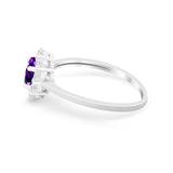 Halo Floral Wedding Ring Round Simulated Amethyst CZ 925 Sterling Silver