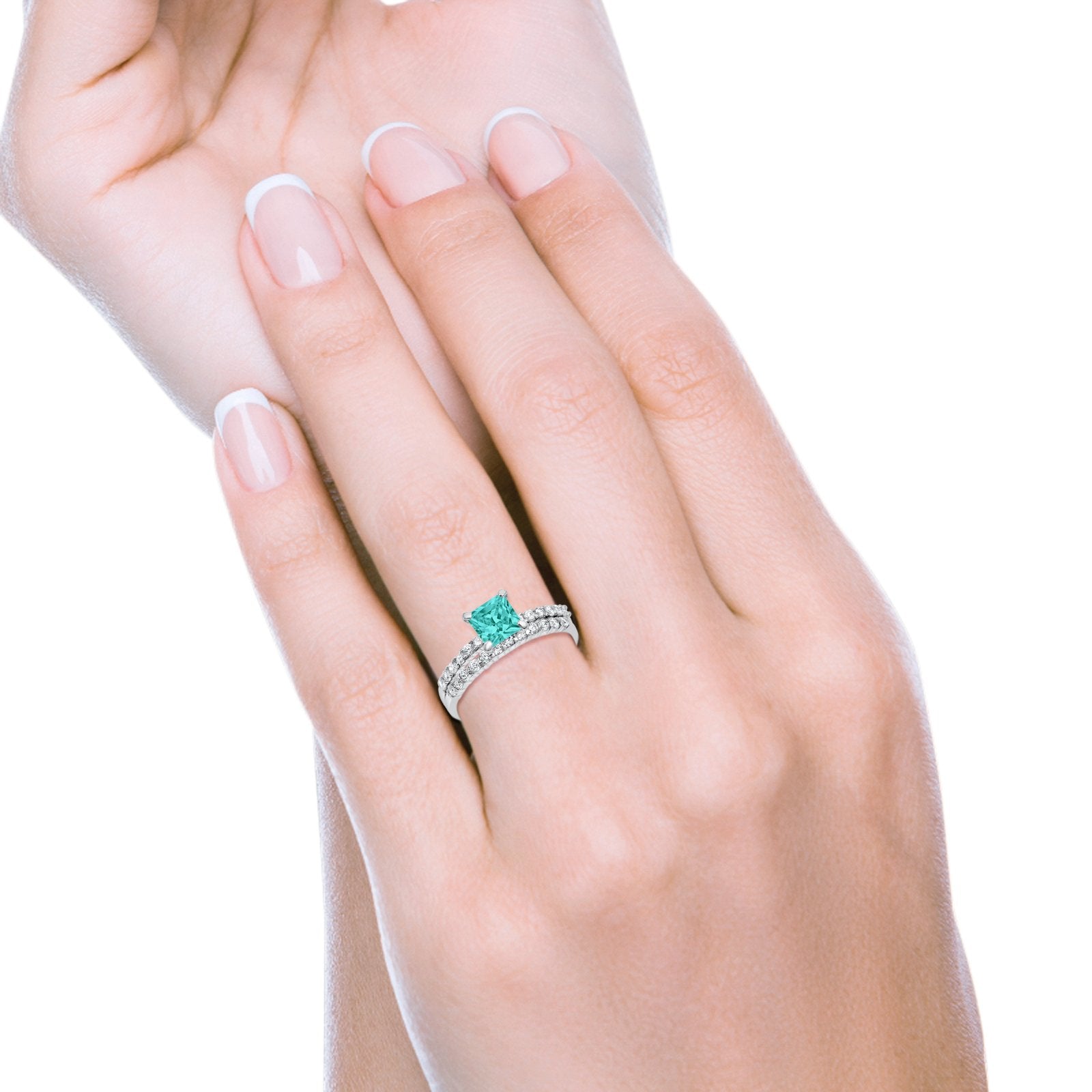 Wedding Ring Bridal Princess Cut Simulated Paraiba Tourmaline CZ 925 Sterling Silver