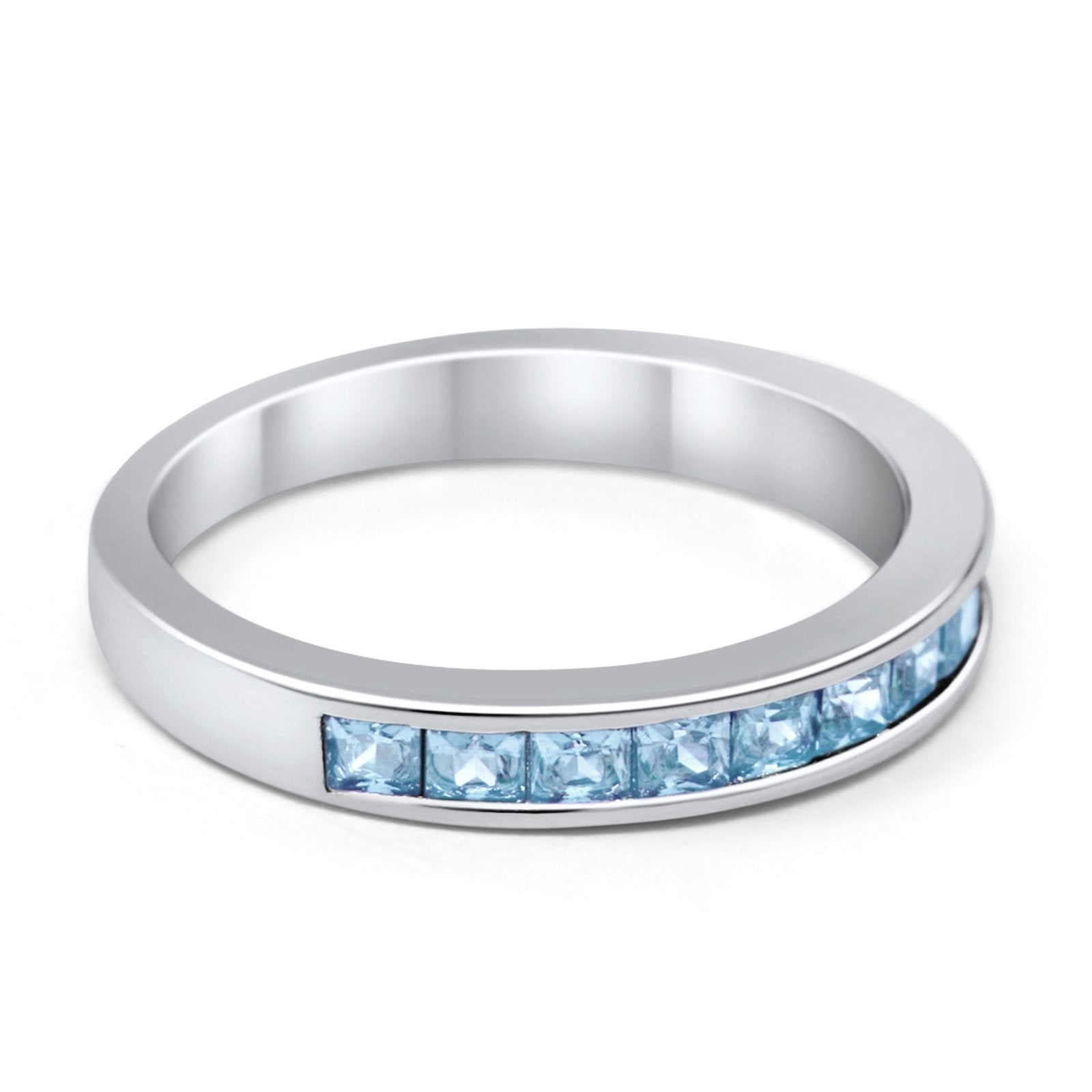 Half Eternity Band Wedding Ring Simulated Aquamarine CZ  925 Sterling Silver