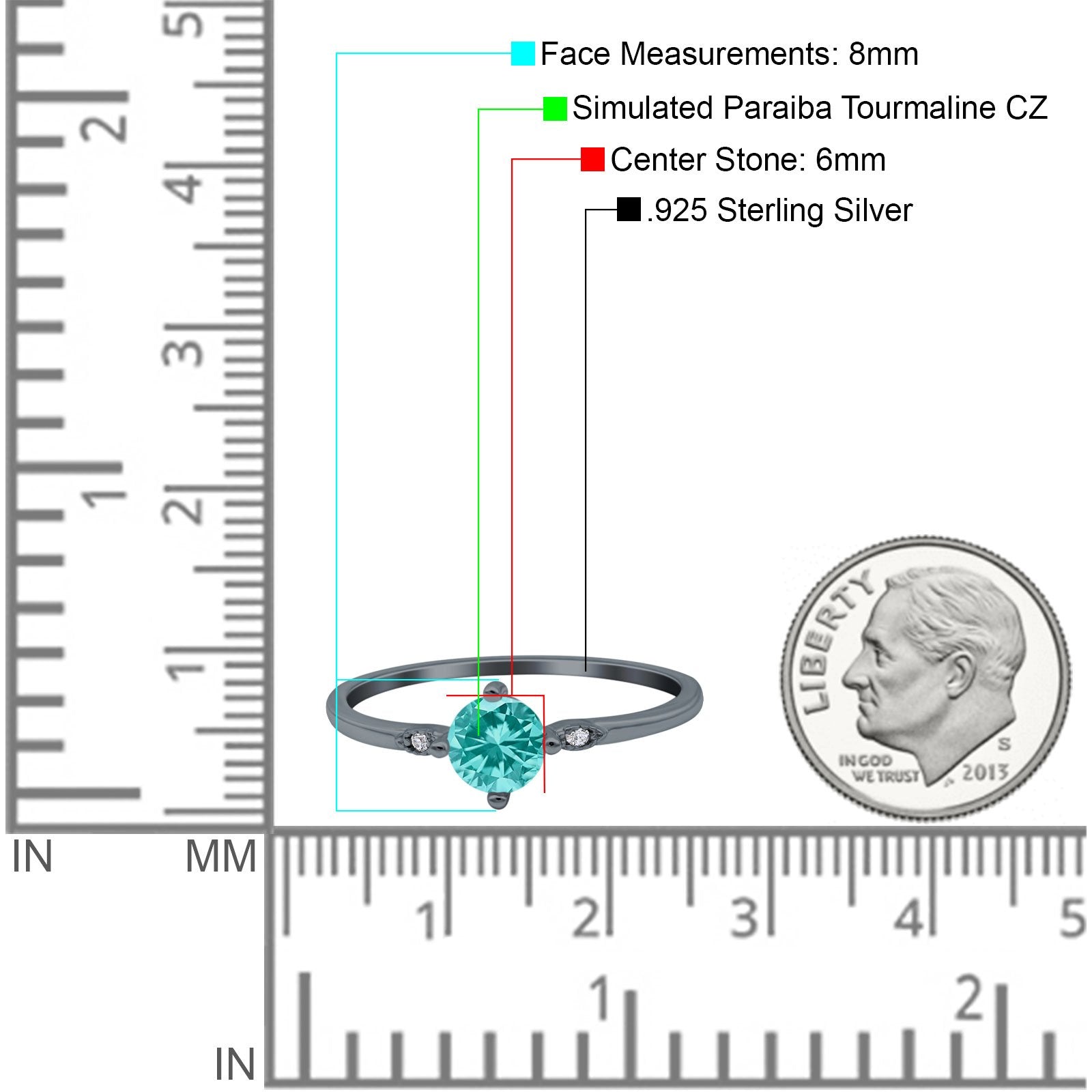 Three Stone Art Deco Engagement Ring Round Black Tone, Simulated Paraiba Tourmaline CZ 925 Sterling Silver