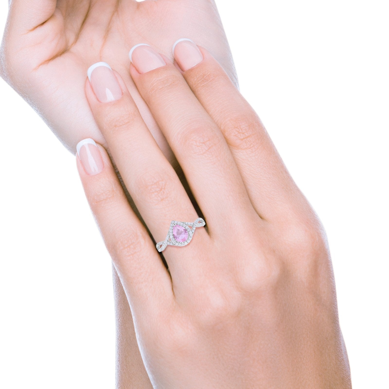 Teardrop Wedding Promise Ring Infinity Simulated Pink Morganite CZ 925 Sterling Silver