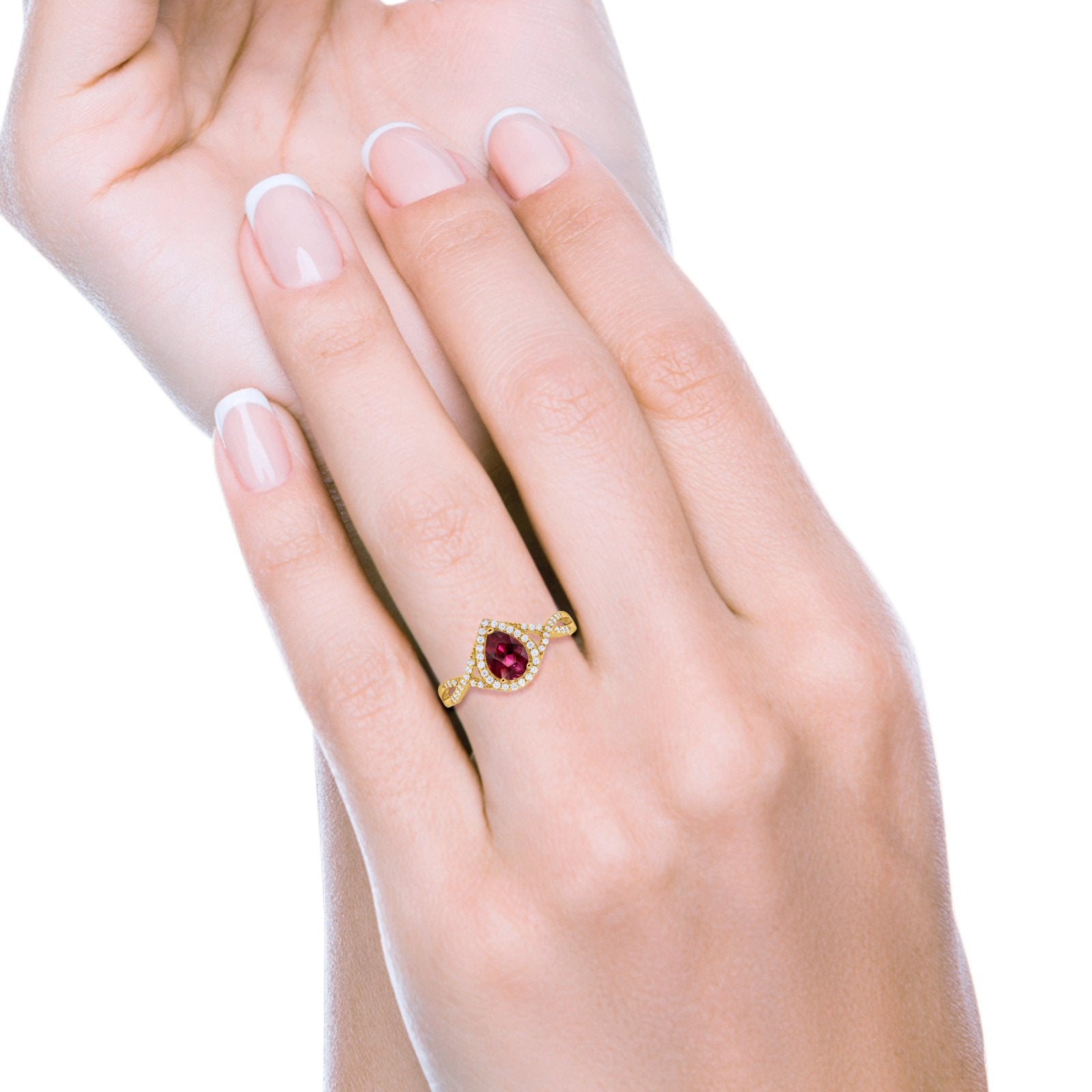 Teardrop Wedding Promise Ring Infinity Yellow Tone, Simulated Ruby CZ 925 Sterling Silver