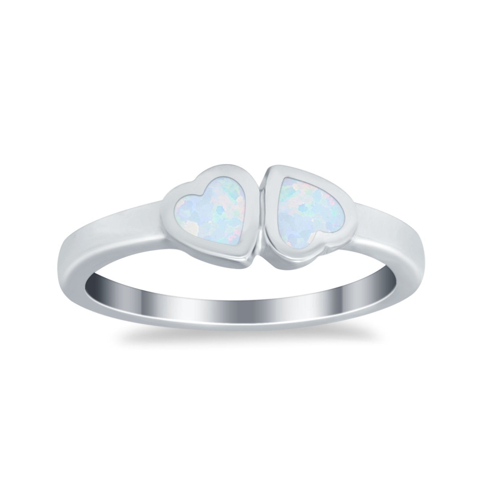 Double Heart Promise Ring Lab Created White Opal 925 Sterling Silver