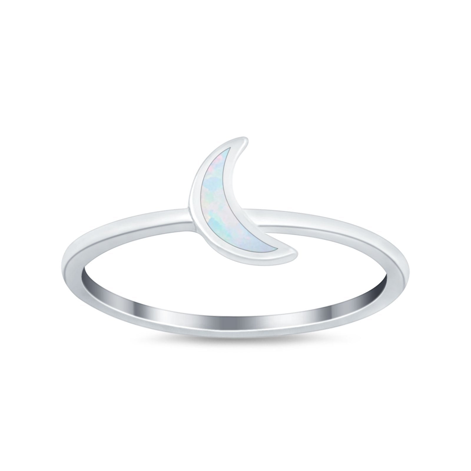 Moon Band Crescent Ring Lab Created White Opal 925 Sterling Silver