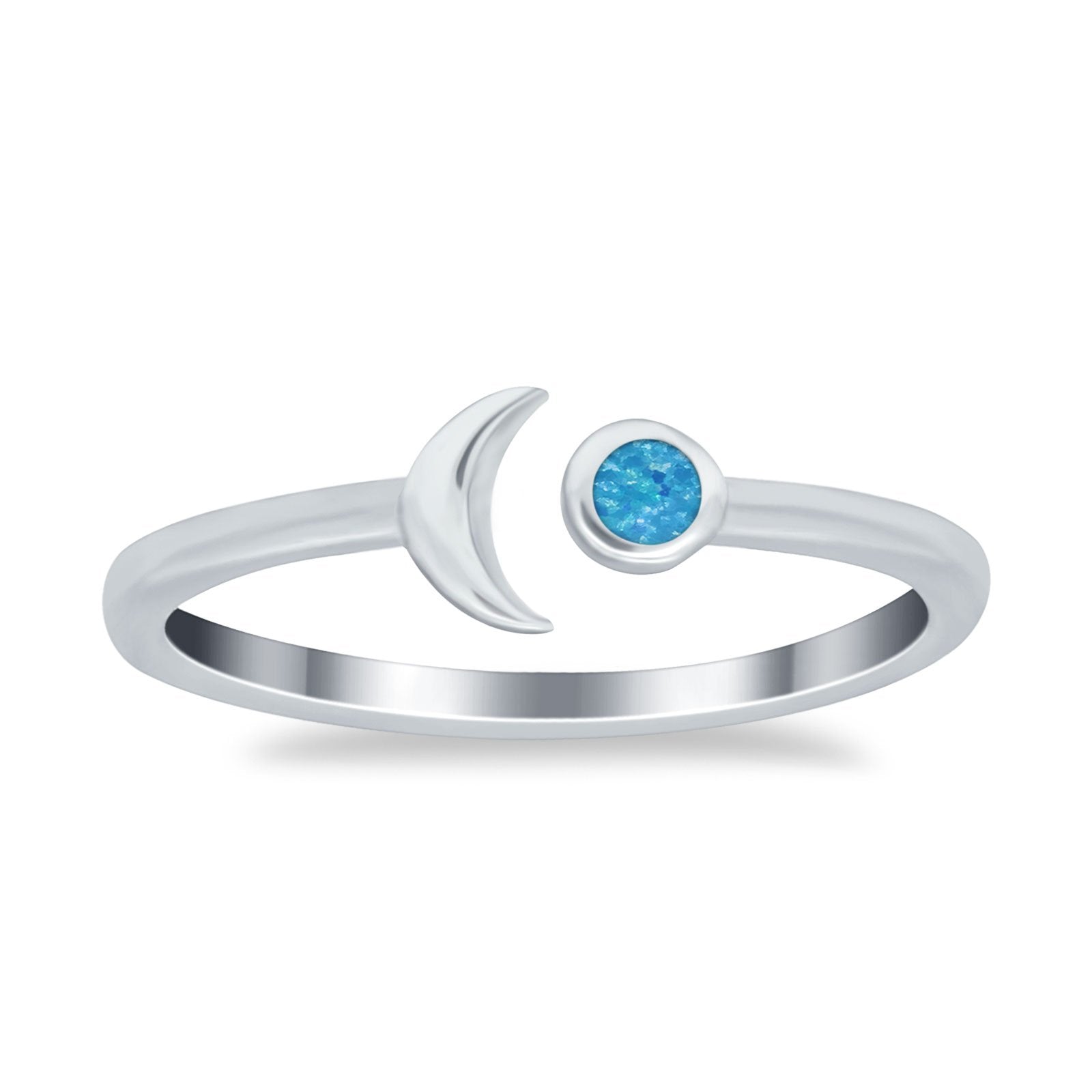 Petite Dainty Moon Cresent Ring Lab Created Blue Opal 925 Sterling Silver