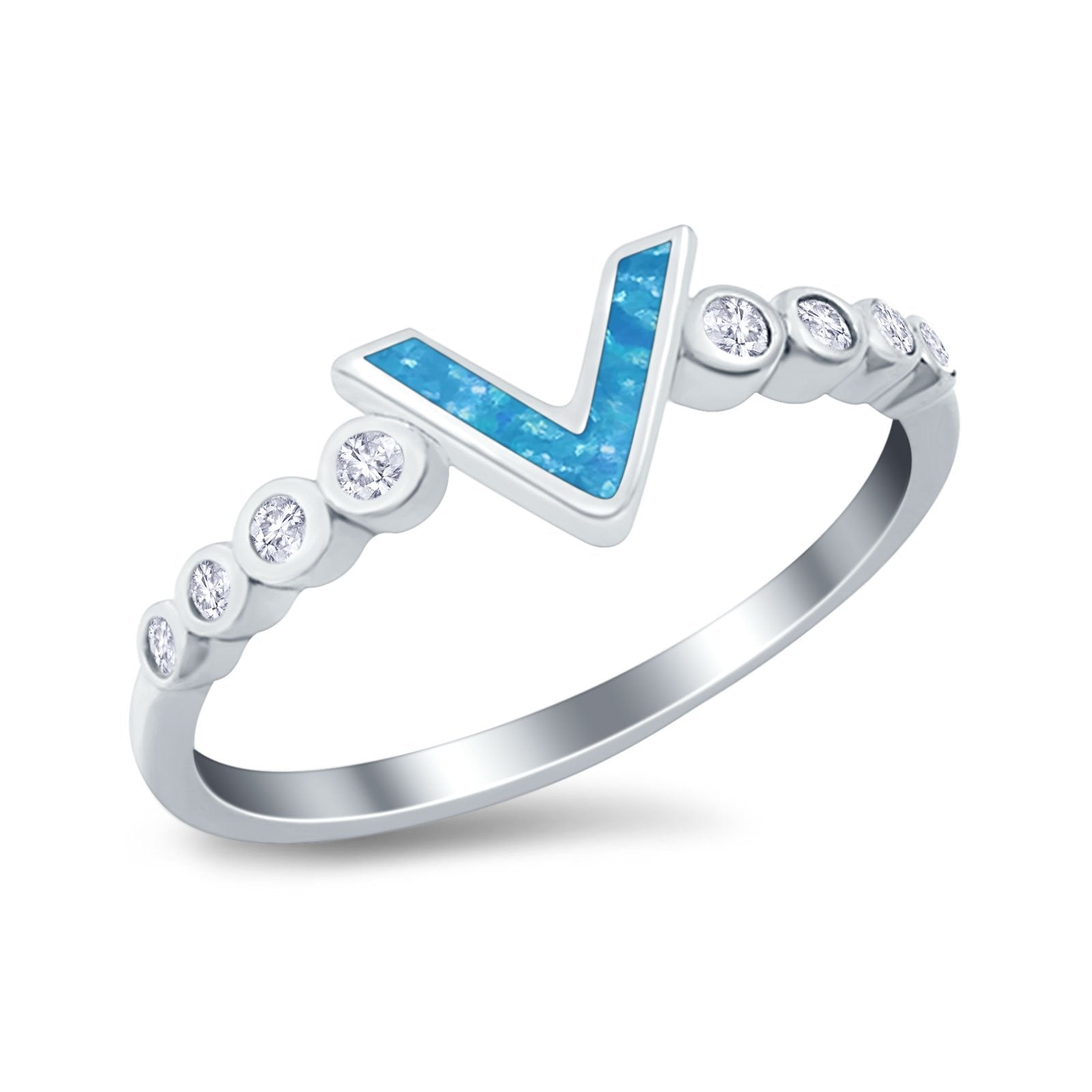 Fashion V Ring Lab Created Blue Opal 925 Sterling Silver Thumb Ring