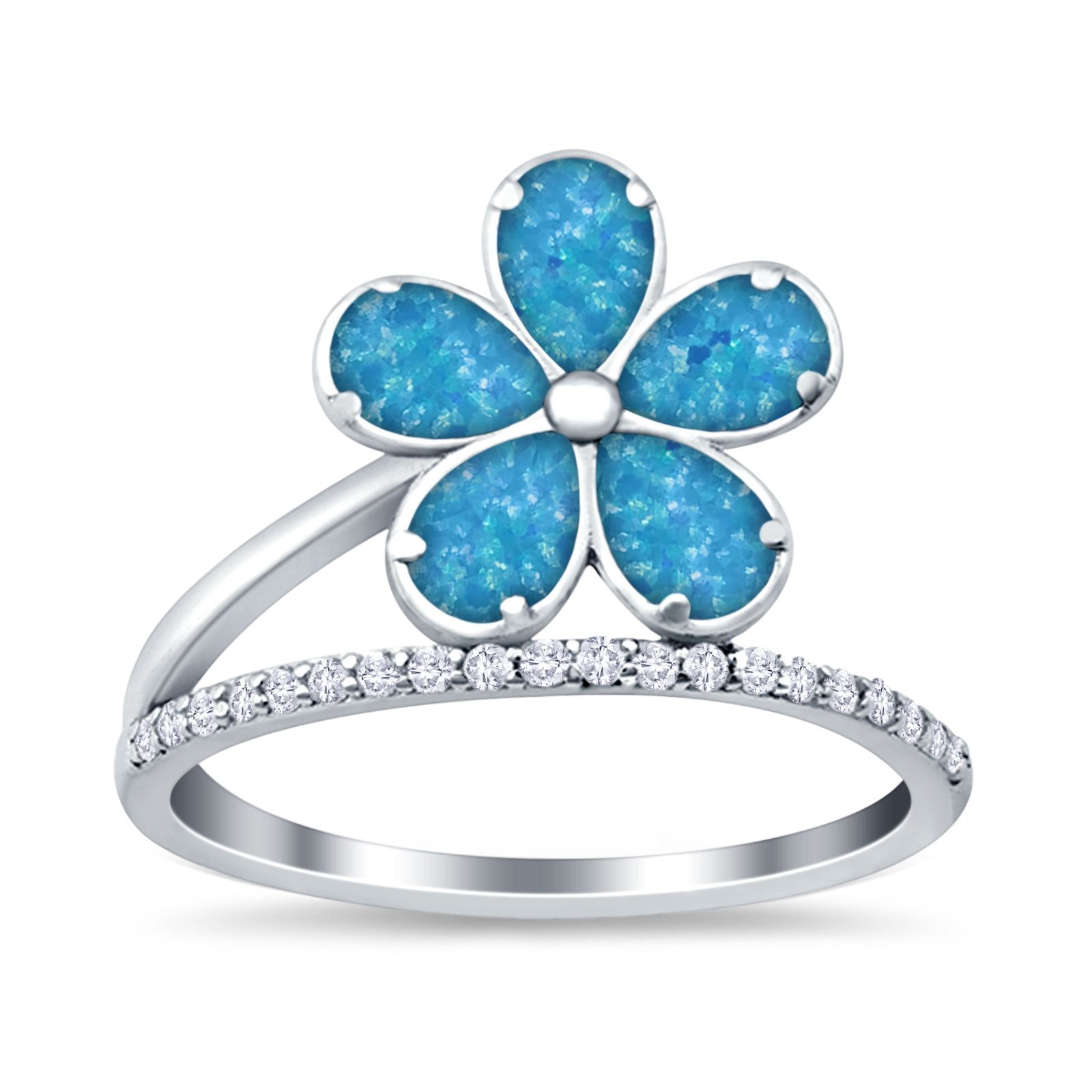 Plumeria Flower Ring Lab Created Blue Opal 925 Sterling Silver