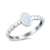 Solitaire Oval Ring Beaded Design Band Lab Created White Opal Round 925 Sterling Silver