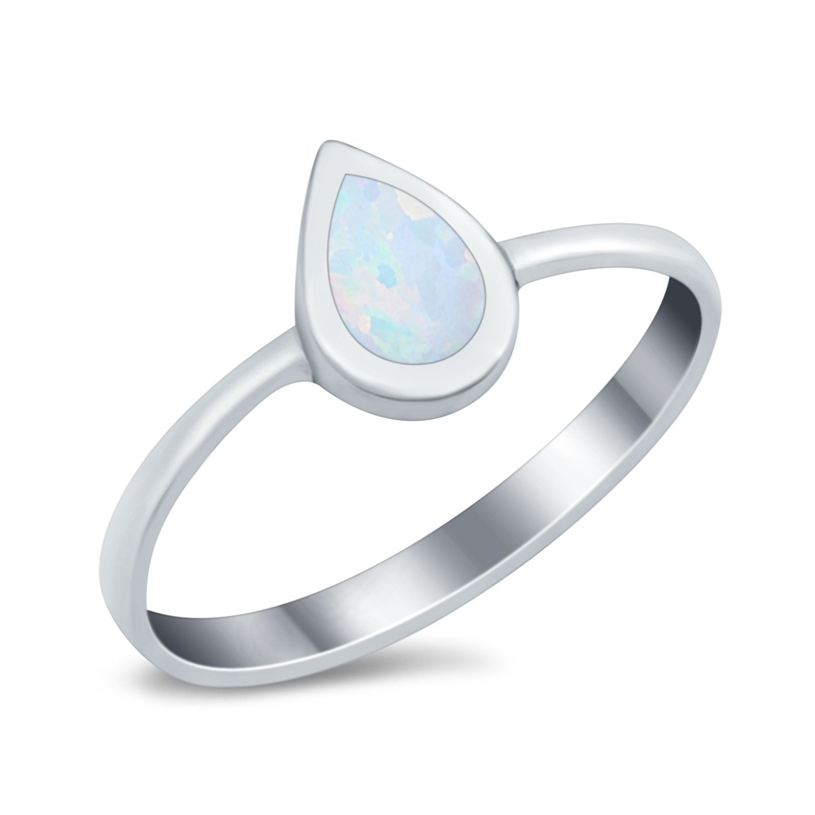 Solitaire Teardrop Pear Ring Lab Created White Opal 925 Sterling Silver