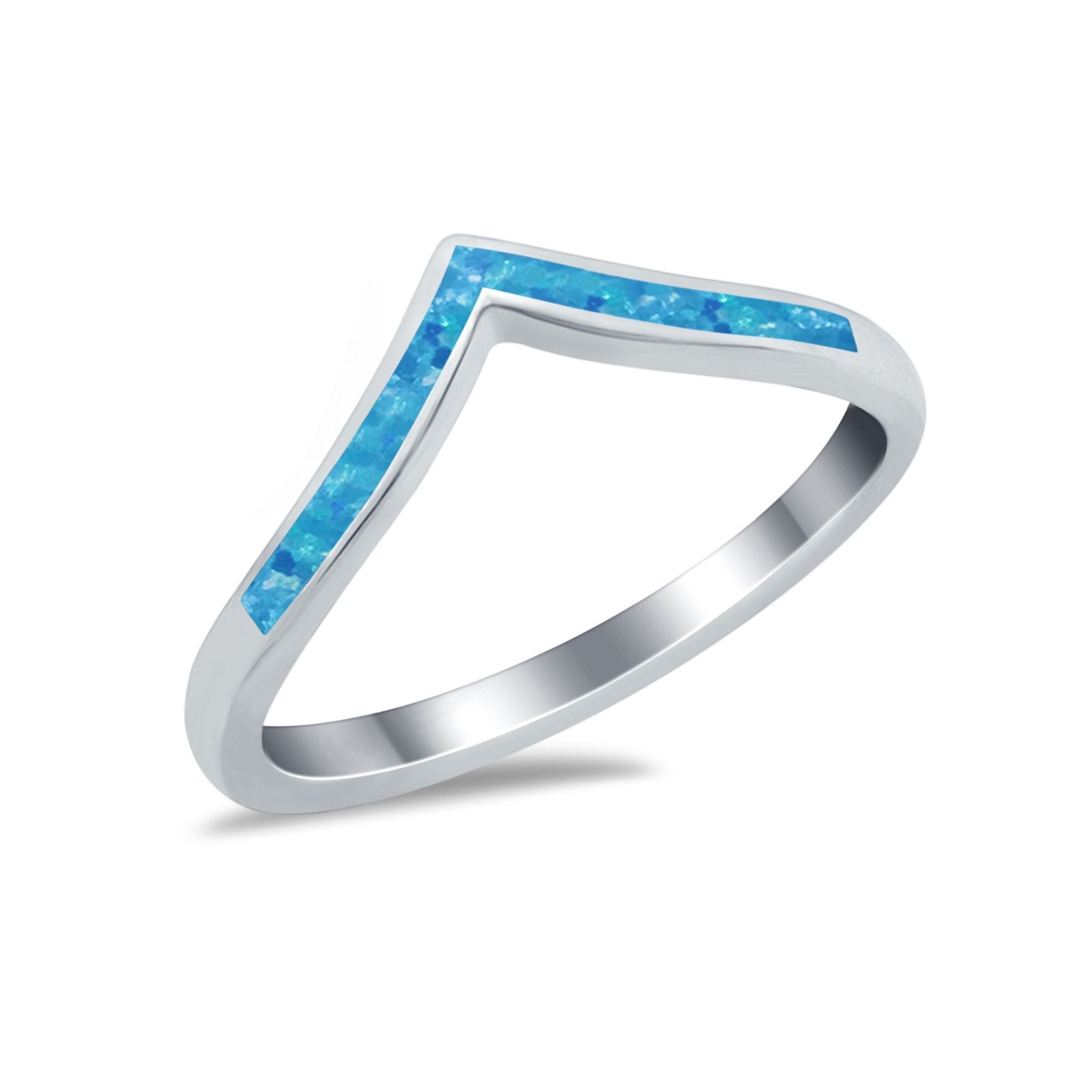 Lab Created Blue Opal Chevron Midi V Thumb Ring Band Round 925 Sterling Silver