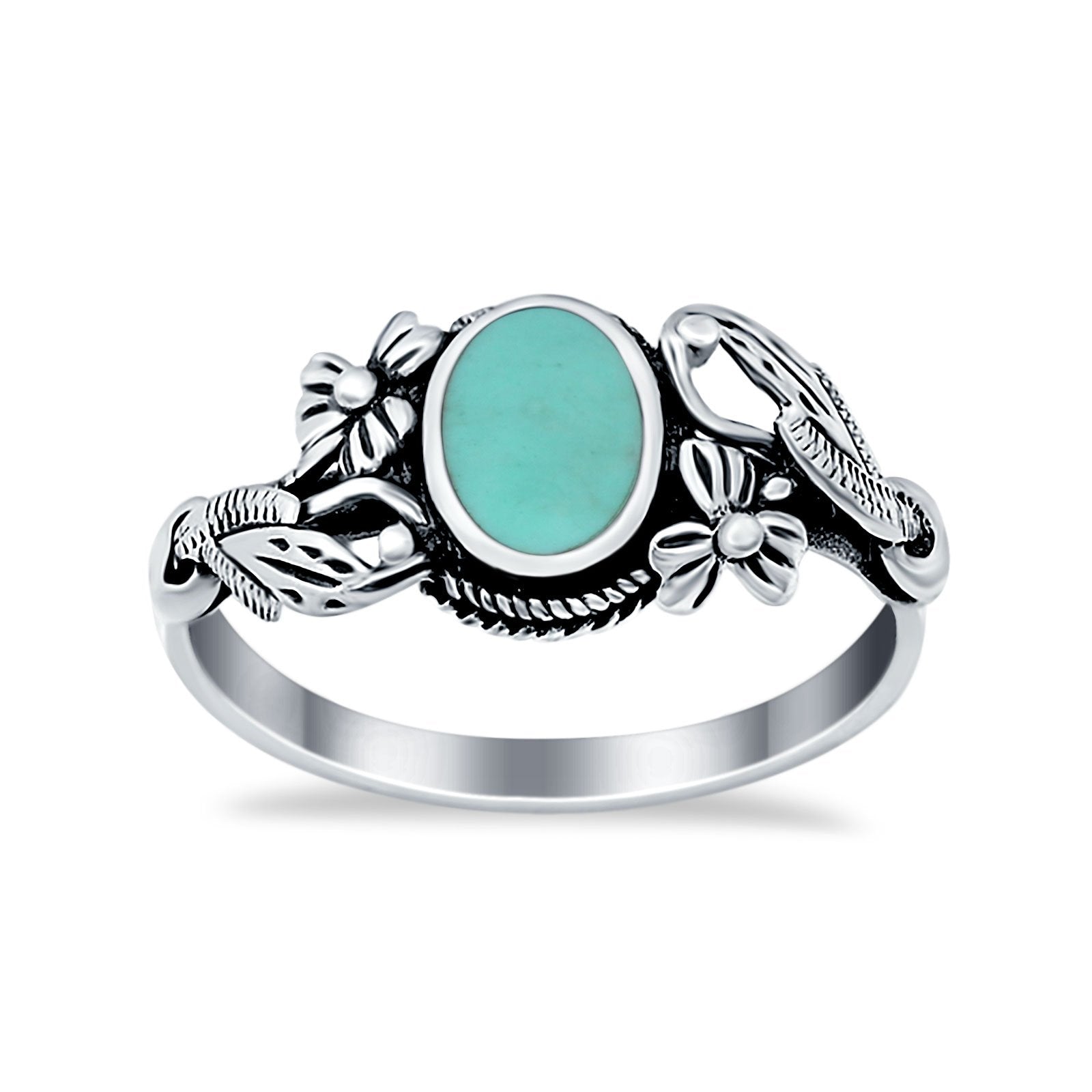 Oxidized Finish Flower Oval Round Simulated Turquoise Ring 925 Sterling Silver