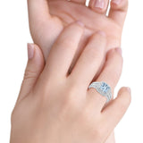 Halo Art Deco Wedding Ring Princess Cut Round Simulated Aquamarine CZ 925 Sterling Silver