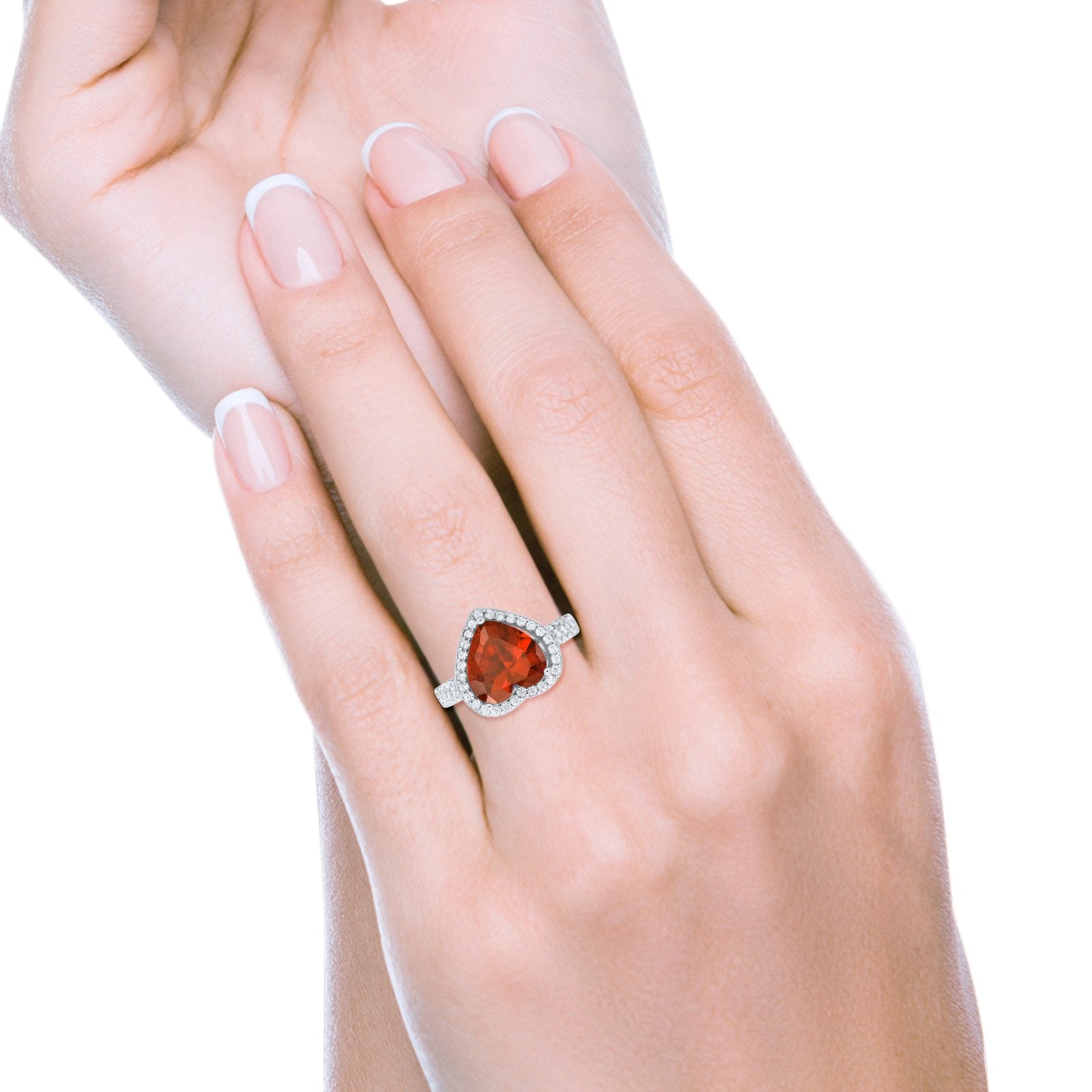Halo Fashion Ring Heart Simulated Garnet Cubic Zirconia 925 Sterling Silver