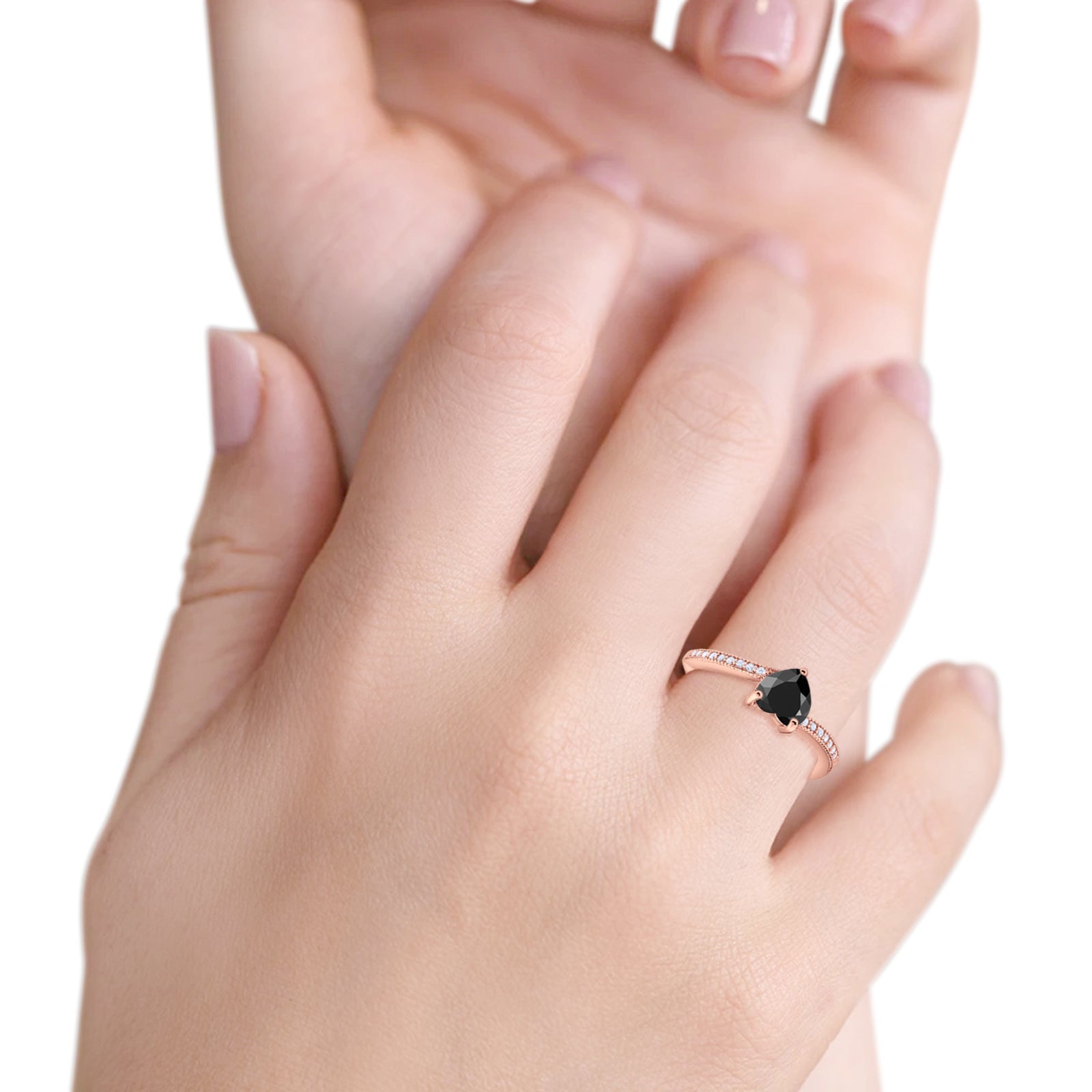 Heart Promise Ring Rose Tone, Simulated Black CZ 925 Sterling Silver