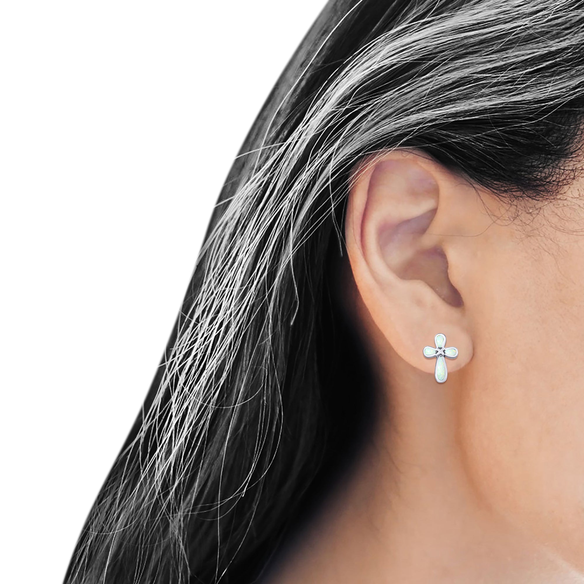 Cross Stud Earring Created White Opal Solid 925 Sterling Silver (12.6mm)