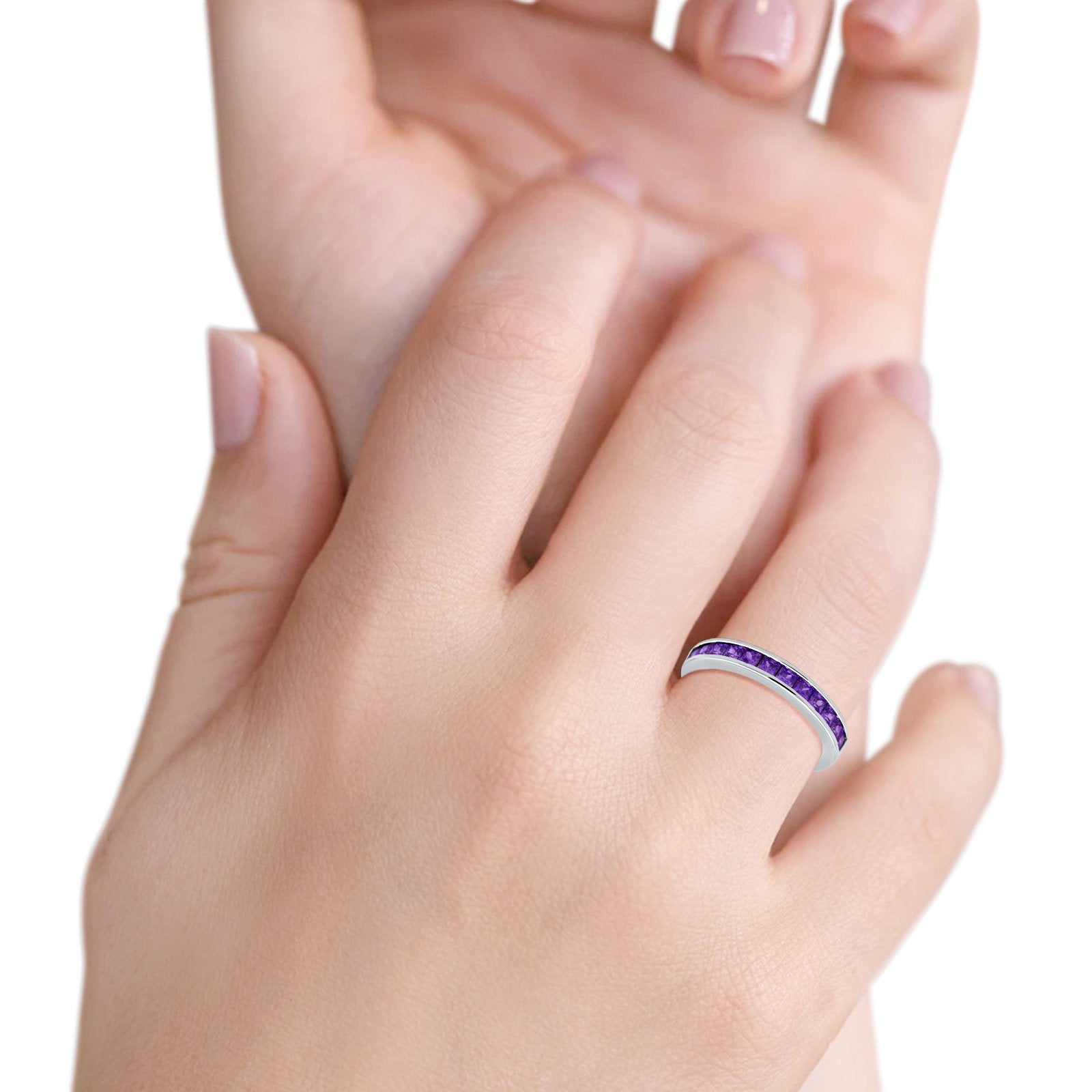 Half Eternity Band Wedding Ring Simulated Amethyst CZ 925 Sterling Silver