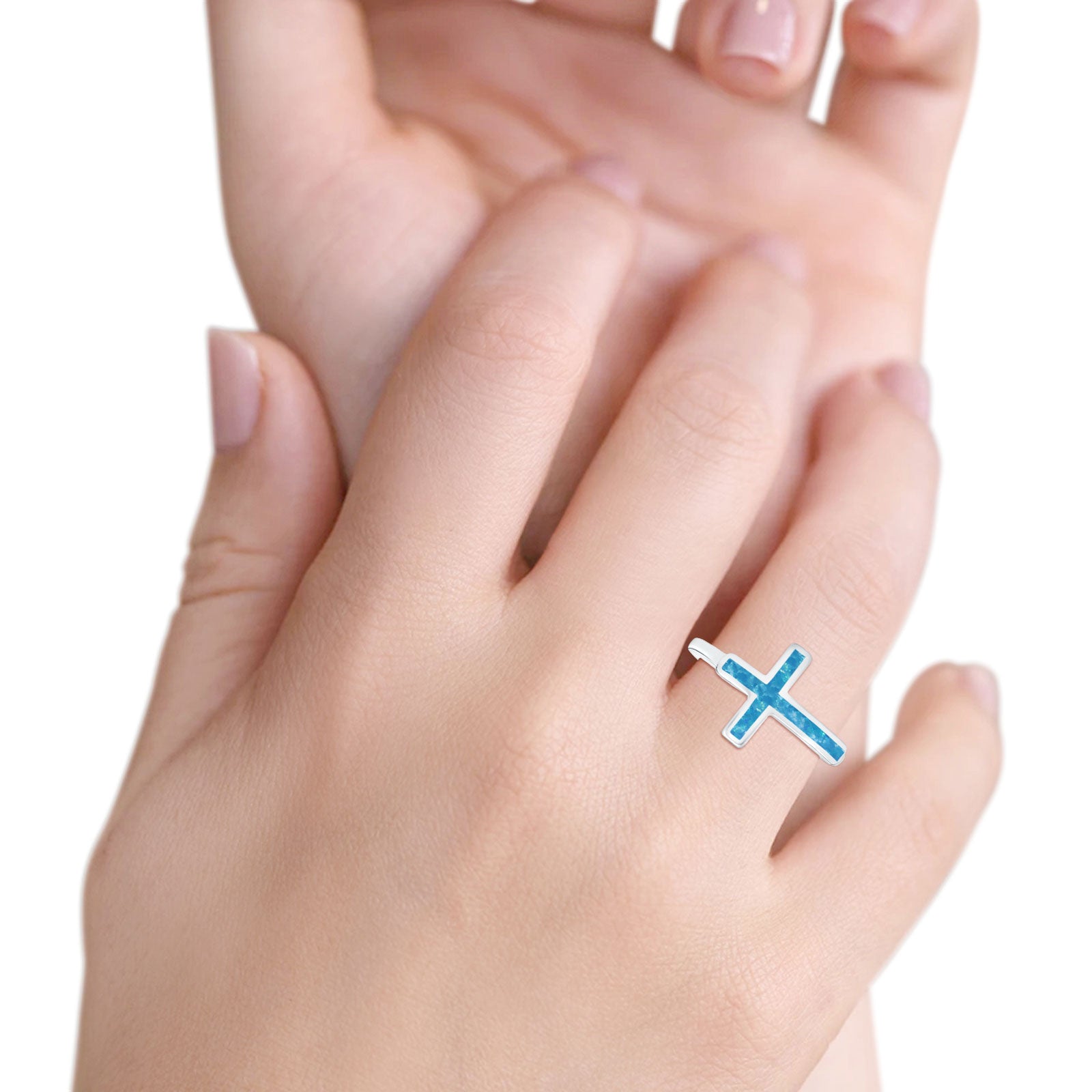 Sideways Cross Ring Rhodium Plated Band Lab Created Blue Opal 925 Sterling Silver (12mm)