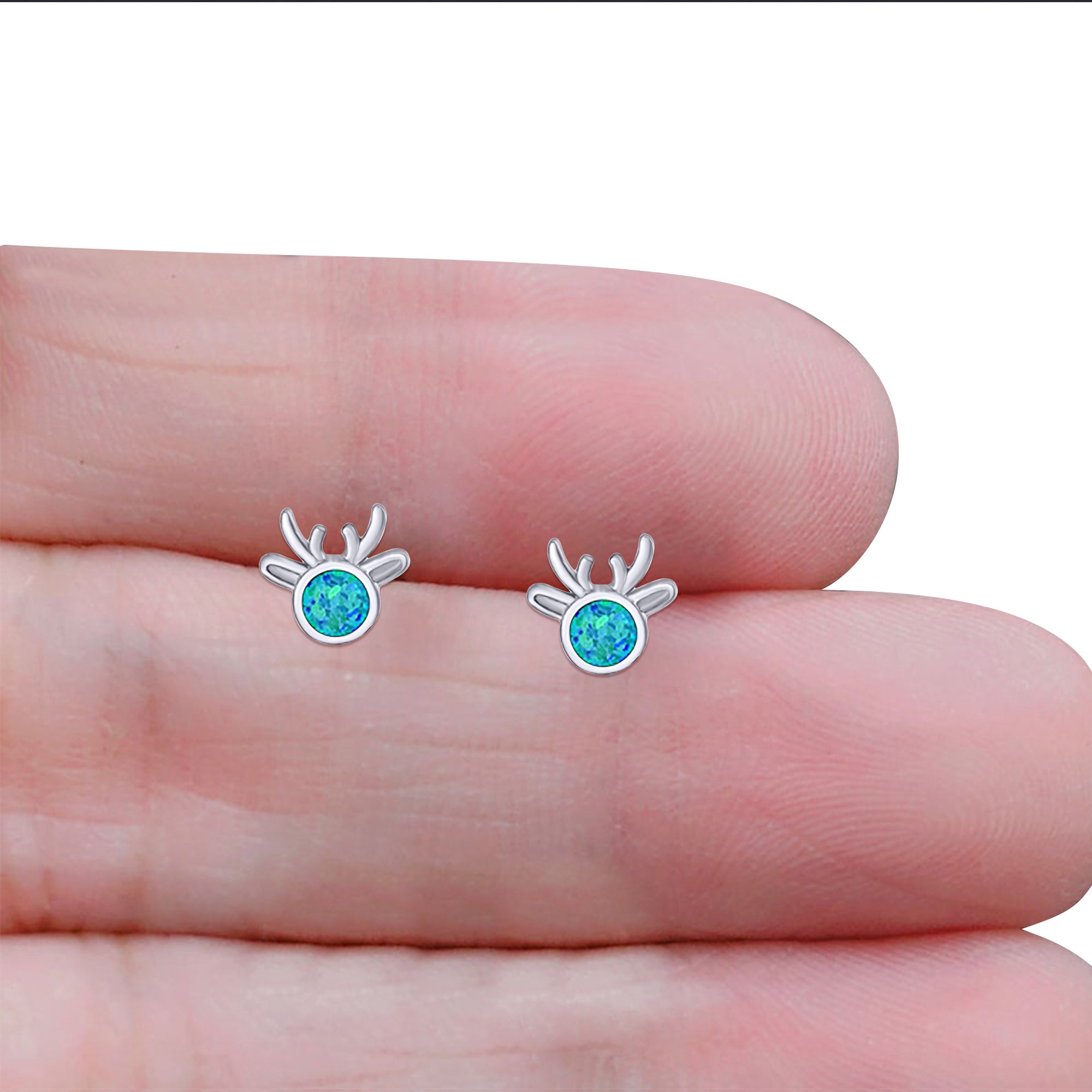 Deer Stud Earring Created Blue Opal Solid 925 Sterling Silver (7.4mm)